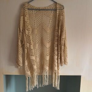 Chic Open-Front Crochet Poncho - Beige